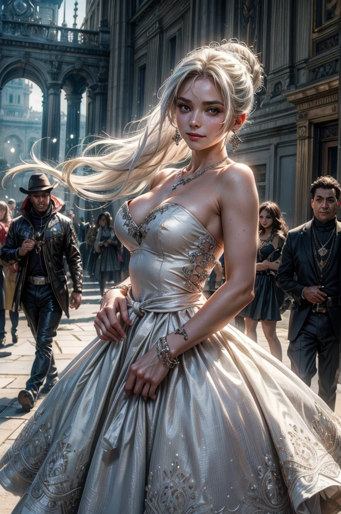 (masterpiece, best quality:1.2), cowboy shot, weissvale, smile, closed mouth,  looking at viewer, long white hair, side ponytail, scar above eye, scar below eye, white wedding dress,  jewelry, necklace, earrings, future_urban, outdoors, standing outside ornate palace, elegant crowd arriving for gala,  futuristic cars, (volumetric lighting), intricate details, tonemapping, sharp focus, hyper detailed 