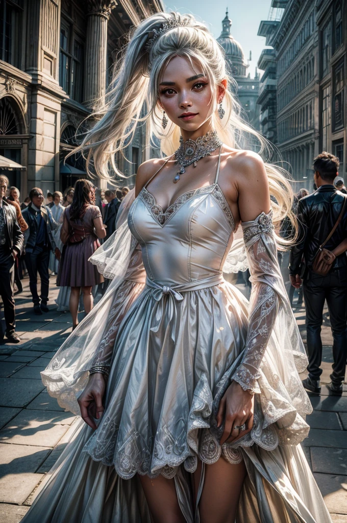 Full body like,France,long whitr hair,golden hair,lady,Silvertone,perfect figure beautiful woman, huge tit,Highly detailed facial and skin texture,A detailed eye,二重まぶた ( City street:1.1)