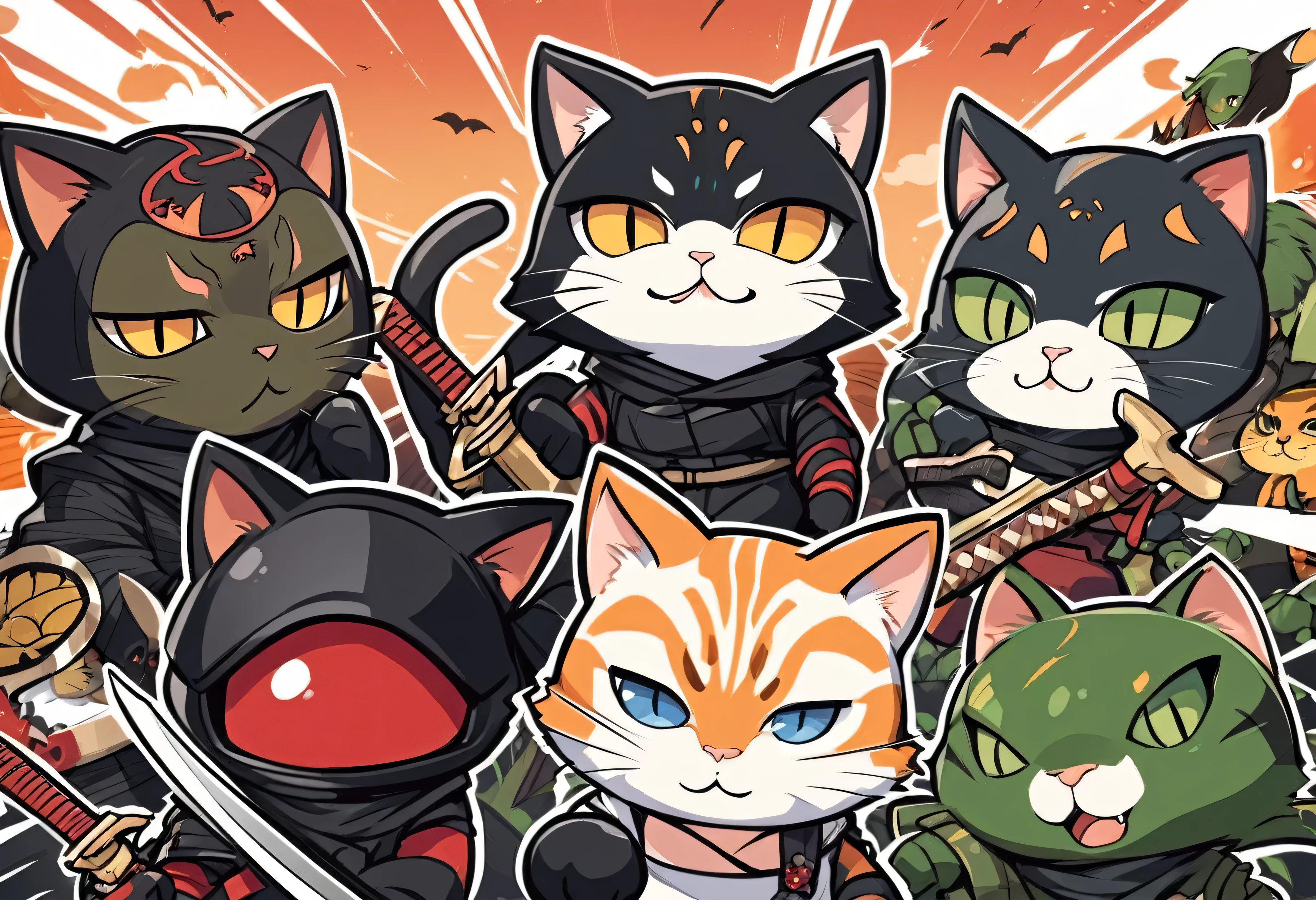 Close-up of a cartoon cat holding a sword, Ninja cat, anthropomorphic cat Ninja, An illustration, Assassin Cat, Samurai Cat, , Cute special forces, , Ninja, , Nori,, Little, Bad luck, The cutest ever,One,Single