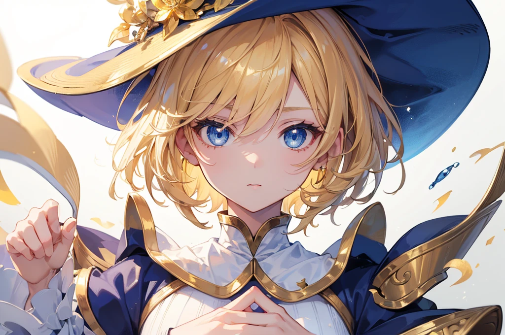 (Highest quality) (4K) (8k) (High resolution) (masterpiece:1.2) (Super detailed) One girl short hair witch Blue Eyes Long sleeve Golden decoration Hair between the eyes White Dress Wavy golden hair Upper Body (White Background) front Face close-up Cast a spell White hat