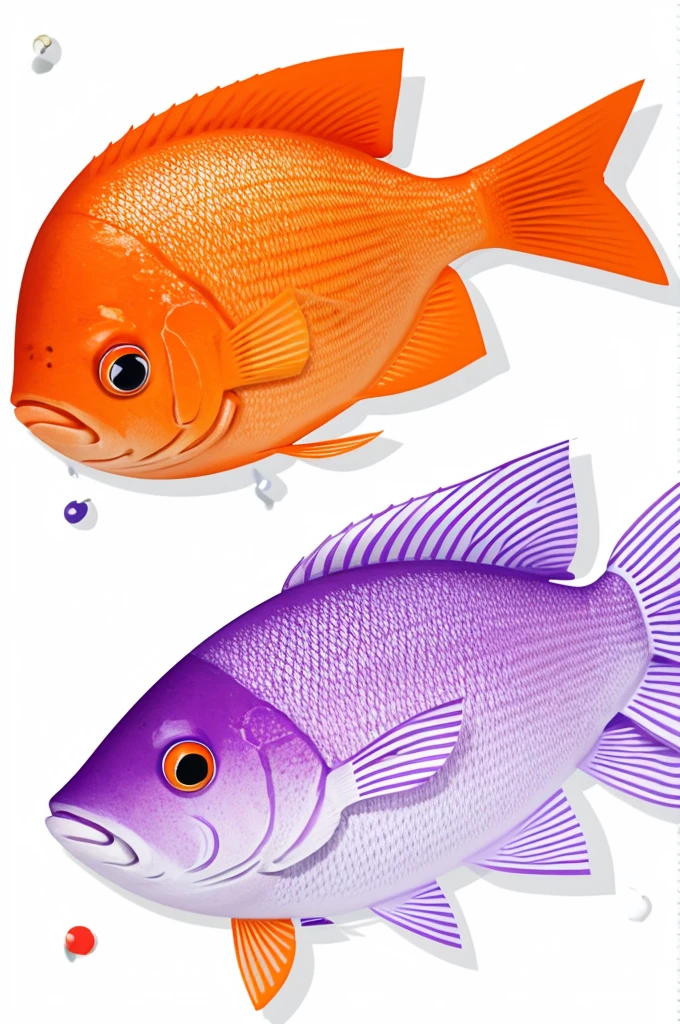 Make an orange fish with white spots on a white background with purple shirt and white flowers, white shorts and a straw hat with a purple stripe in cartoon style