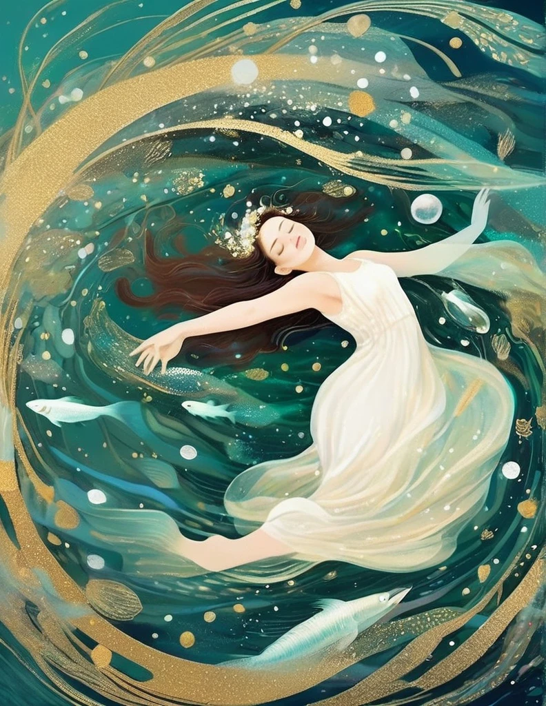 A girl wearing a white dress is lying calmly in the blue seawater with her eyes closed. The water shimmers with sparkling light, and the waves are emerald green. Her skin is so white that it sparkles. Illustrative art, Ophelia, 1851 theme, Instagram style, young and beautiful Chinese female model, Kawachi skating rink style, ventilation, Mercury, natural light，in style of data visualization design, beautiful detailed