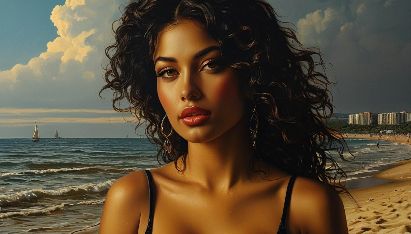 impactful color paint of a beautiful  sexy woman at the beach   highly detailed,  vibrant colors , 8k,   sharp,  professional, clear,   high contrast, high saturated, , vivid deep blacks, crystal clear