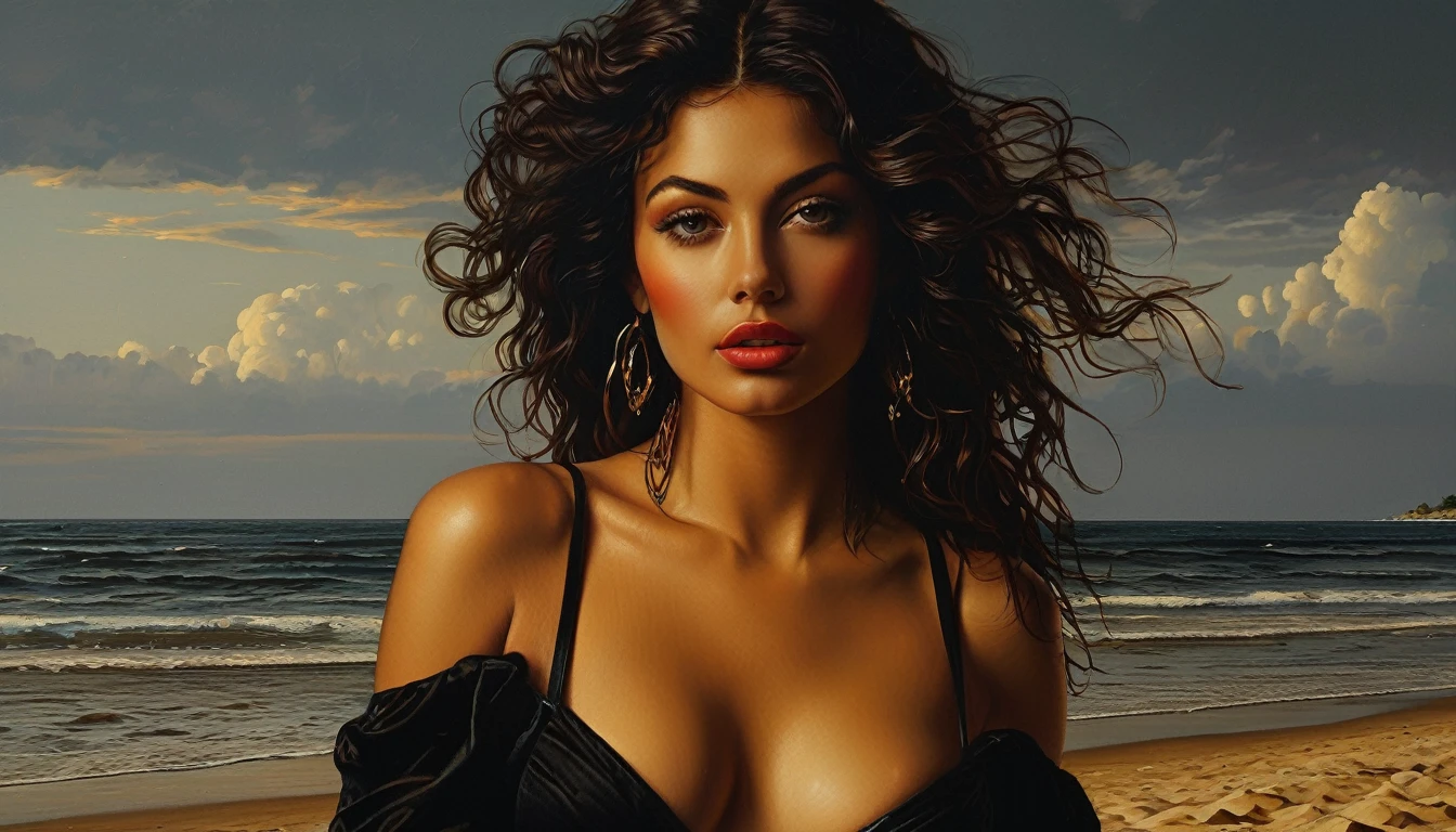 impactful color paint of a beautiful  sexy woman at the beach   highly detailed,  vibrant colors , 8k,   sharp,  professional, clear,   high contrast, high saturated, , vivid deep blacks, crystal clear