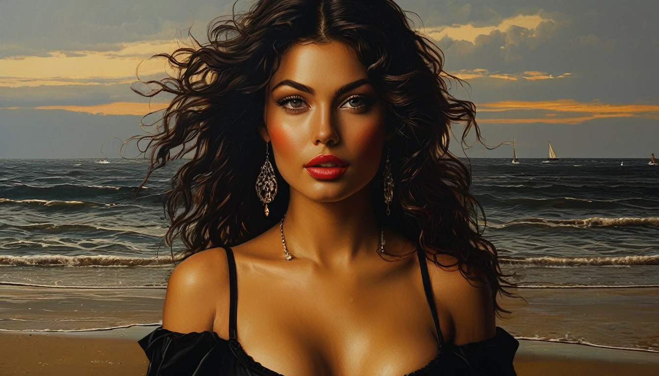 impactful color paint of a beautiful  sexy woman at the beach   highly detailed,  vibrant colors , 8k,   sharp,  professional, clear,   high contrast, high saturated, , vivid deep blacks, crystal clear