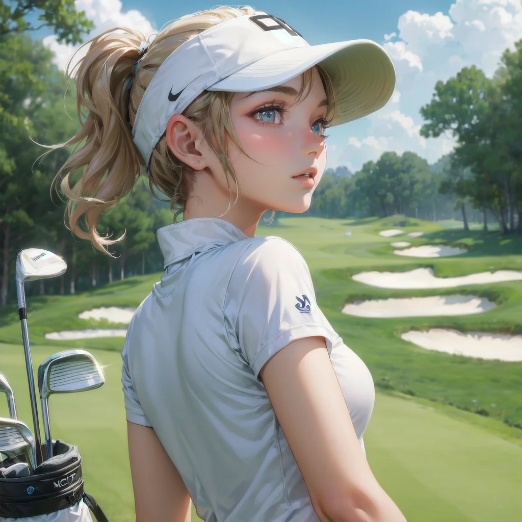 masterpiece, (textured skin), best quality, gorgeous beautiful girl, (a female golf athlete), detailed clothes,large breasts,narrow waist,, (beautiful face), cinematic lighting, (at golf venue ),