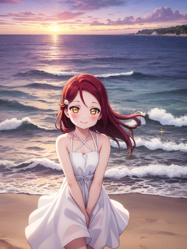 (masterpiece, Highest quality), One Girl,  Riko Sakurauchi、smile, blush, Shiny Hair, Hair blowing in the wind, Sparkle Effect, Beach、sunset、Ocean、White Dress