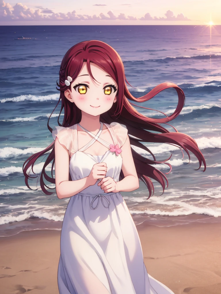 (masterpiece, Highest quality), One Girl,  Riko Sakurauchi、smile, blush, Shiny Hair, Hair blowing in the wind, Sparkle Effect, Beach、sunset、Ocean、White Dress