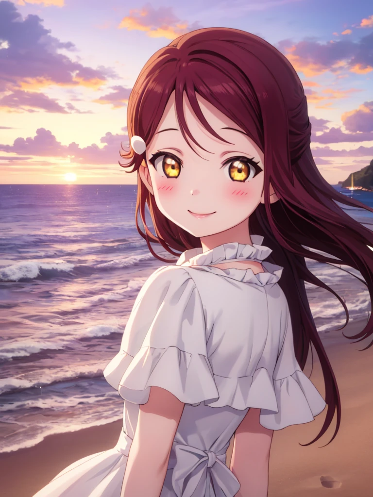 (masterpiece, Highest quality), One Girl,  Riko Sakurauchi、smile, blush, Shiny Hair, Hair blowing in the wind, Sparkle Effect, Beach、sunset、Ocean、White Dress