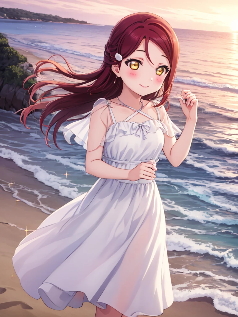 (masterpiece, Highest quality), One Girl,  Riko Sakurauchi、smile, blush, Shiny Hair, Hair blowing in the wind, Sparkle Effect, Beach、sunset、Ocean、White Dress