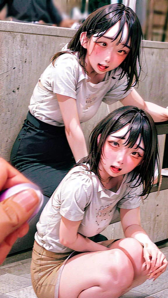The background is the workplace,computer,monitor,masterpiece,Highest quality,High resolution,Anatomically correct,,Short sleeve,White shirt,Collared shirt,Pencil Skirt,Sweat,barefoot,Glowing Skin,blush,Ahegao,On all fours