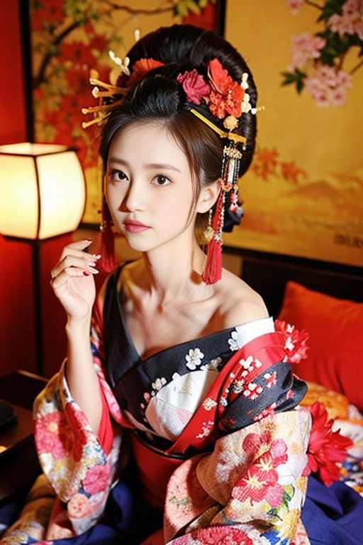 A Japanese woman in a kimono sitting on a chair, Japanese Goddess, skinny Japanese Model, in kimono, Beautiful Japanese Girls, Elegant Japan Woman, Japanese, Seductive geisha, in kimono, Japanese Models, Glamorous and sexy geisha, white floral kimono, Beautiful oriental woman, smallest Breasts,Are thin,Flat ,Indigo Yukata,Thin silk yukata,Charming beautiful girl,