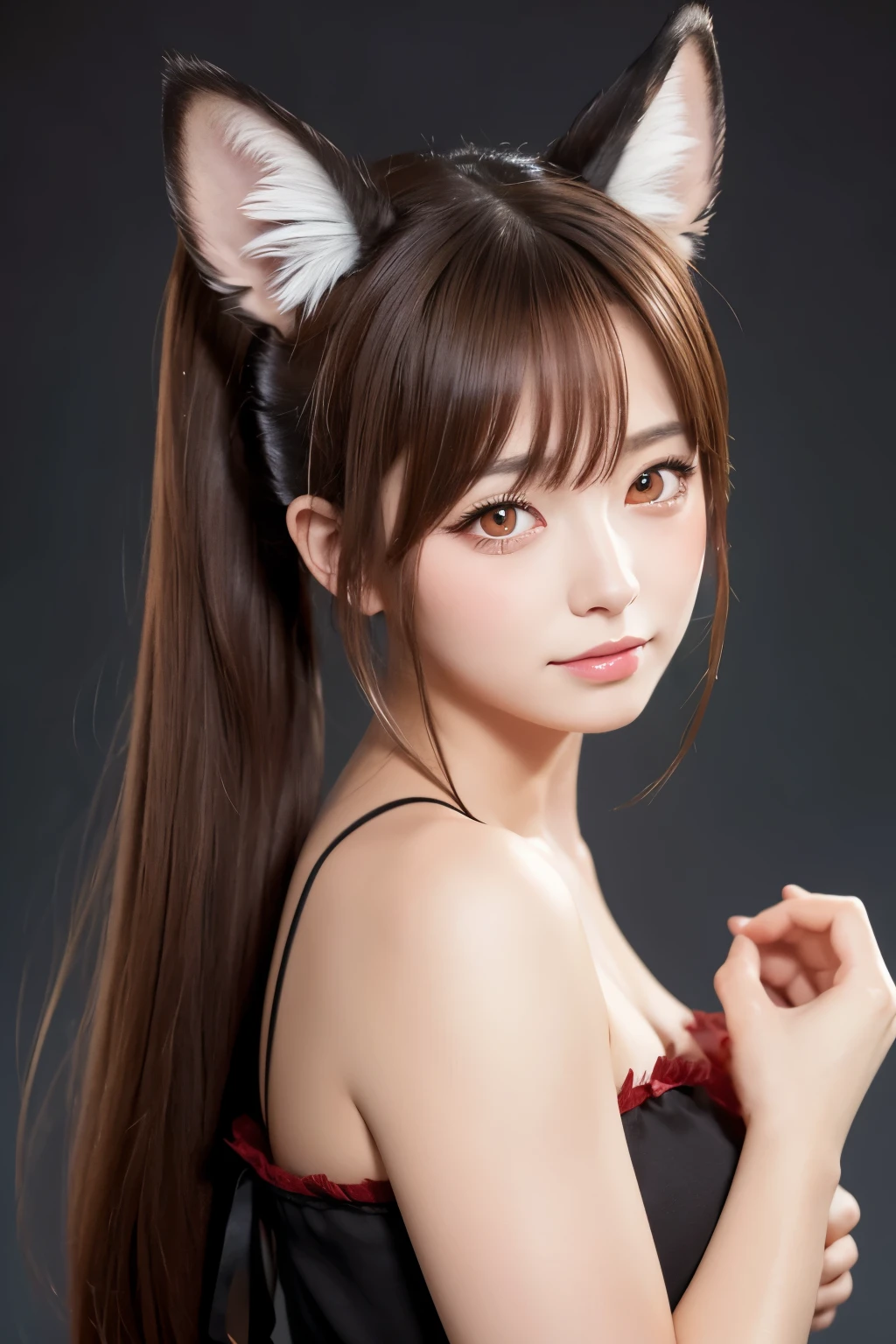 Red eyes, One girl, High resolution, masterpiece, Animal ears, ponytail, Brown Hair, Wolf Ears, Blushing, 
