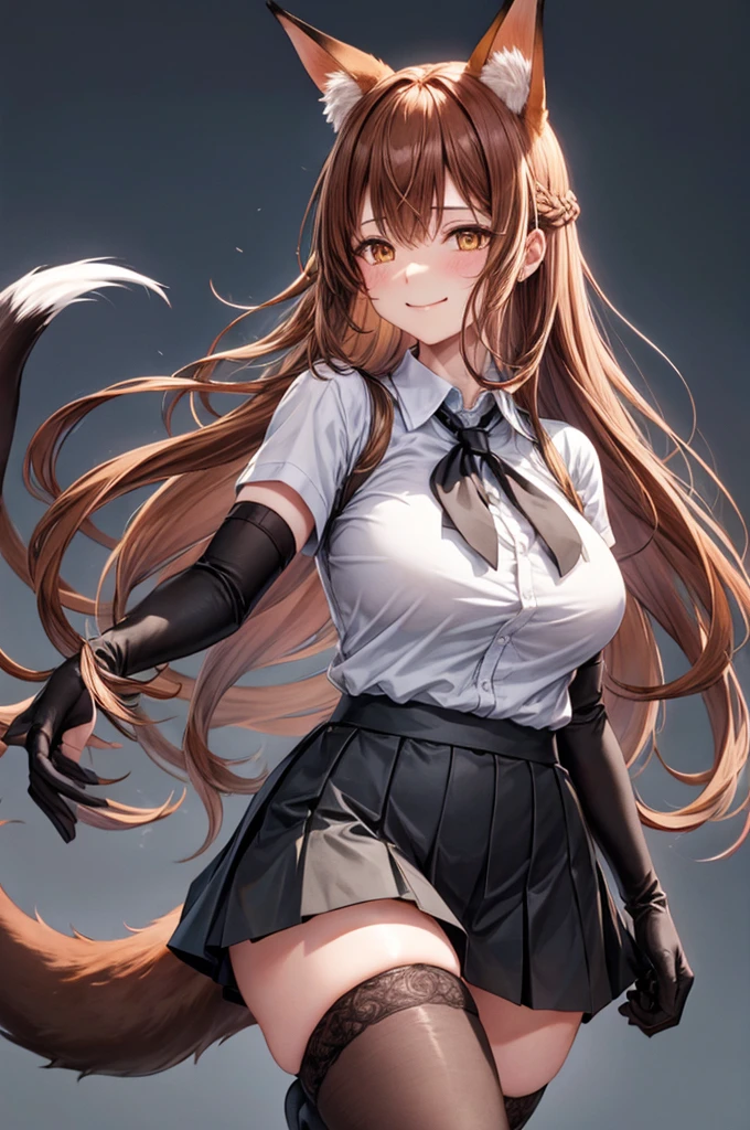 best quality, solo,Franka, 1girl, solo, long hair, breasts, looking at viewer, blush, smile, bangs, skirt, large breasts, simple background, brown hair, shirt, thighhighs, gloves, white background, animal ears, hair between eyes, brown eyes, very long hair, closed mouth, tail, short sleeves, black gloves, elbow gloves, collared shirt, black skirt, animal ear fluff, fox ears, fox tail, fox girl, single thighhigh, grey shirt, asymmetrical legwear,