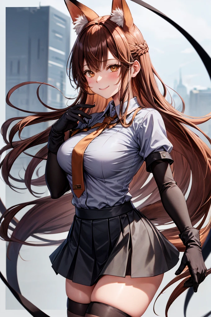 best quality, solo,Franka, 1girl, solo, long hair, breasts, looking at viewer, blush, smile, bangs, skirt, large breasts, simple background, brown hair, shirt, thighhighs, gloves, white background, animal ears, hair between eyes, brown eyes, very long hair, closed mouth, tail, short sleeves, black gloves, elbow gloves, collared shirt, black skirt, animal ear fluff, fox ears, fox tail, fox girl, single thighhigh, grey shirt, asymmetrical legwear,