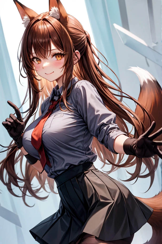 best quality, solo,Franka, 1girl, solo, long hair, breasts, looking at viewer, blush, smile, bangs, skirt, large breasts, simple background, brown hair, shirt, thighhighs, gloves, white background, animal ears, hair between eyes, brown eyes, very long hair, closed mouth, tail, short sleeves, black gloves, elbow gloves, collared shirt, black skirt, animal ear fluff, fox ears, fox tail, fox girl, single thighhigh, grey shirt, asymmetrical legwear,