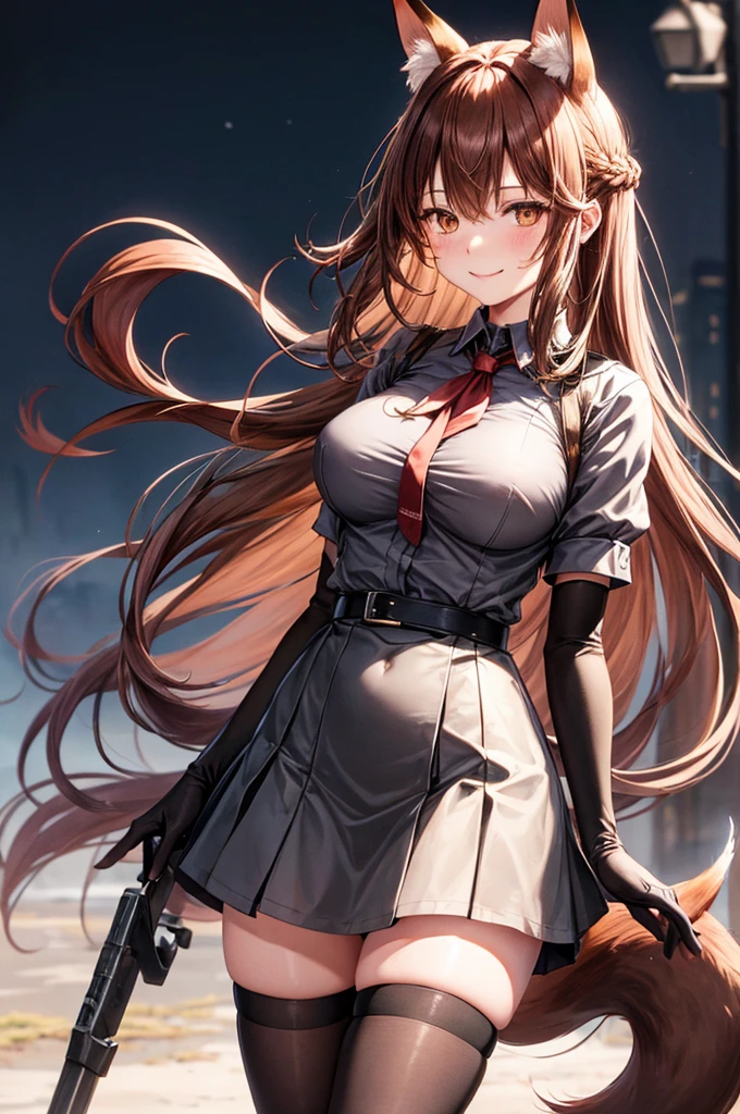 best quality, solo,Franka, 1girl, solo, long hair, breasts, looking at viewer, blush, smile, bangs, skirt, large breasts, simple background, brown hair, shirt, thighhighs, gloves, white background, animal ears, hair between eyes, brown eyes, very long hair, closed mouth, tail, short sleeves, black gloves, elbow gloves, collared shirt, black skirt, animal ear fluff, fox ears, fox tail, fox girl, single thighhigh, grey shirt, asymmetrical legwear,