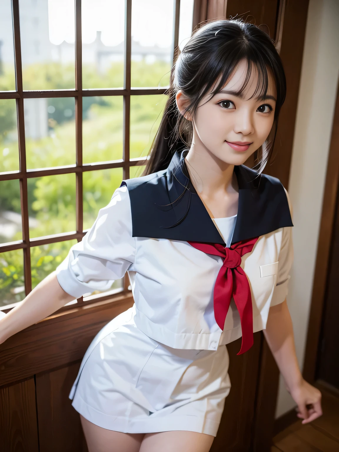 (Highest quality,masterpiece:1.3,Ultra-high resolution,),(Very detailed,Caustics),(Realistic:1.4,RAW shooting,)Ultra-Realistic Capture,Very detailed,High resolution 16k human skin closeup。 Natural skin texture、,pores、、、、It must be detailed enough to be easily identifiable。 Skin tone is even and healthy looking。 Use natural light and colour,Sailor suit,1 girl,Japanese,,cute,Black-haired,ponytail,Shapely small breasts,smile,Turn your body forward,(Front view:1.1),Looking into the camera,Cowboy Shot,