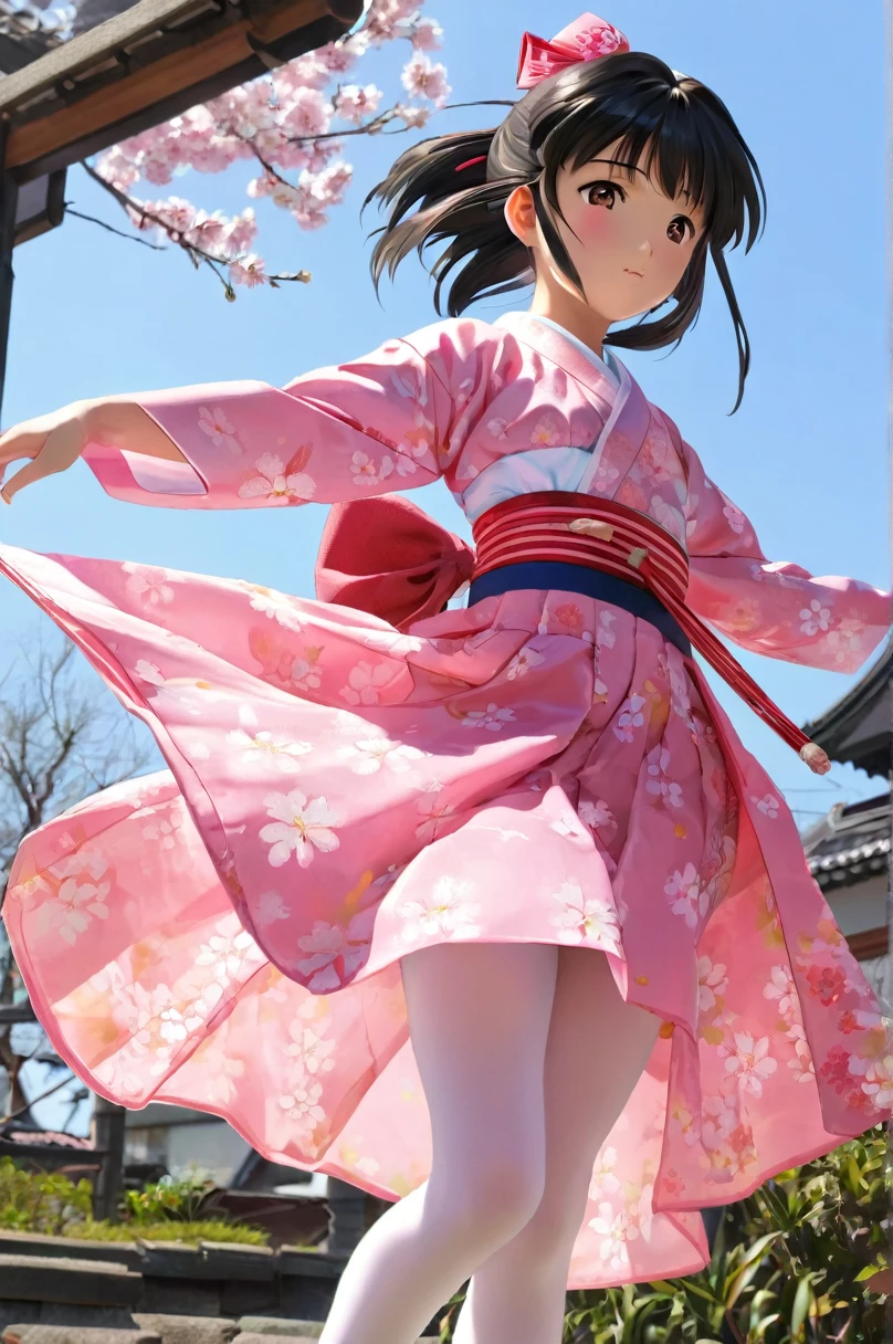 10 year old girl underwear, Jinguji Sakura、Realistic bloomers made from patterned cotton fabric, Japanese clothing and hakama, Fabric Realism, Low - Angle, I see bloomers, Pull up the dress by hand, Strong winds, Translucent slip, Translucent slip, tights, Highest quality, whole body、Black Hair