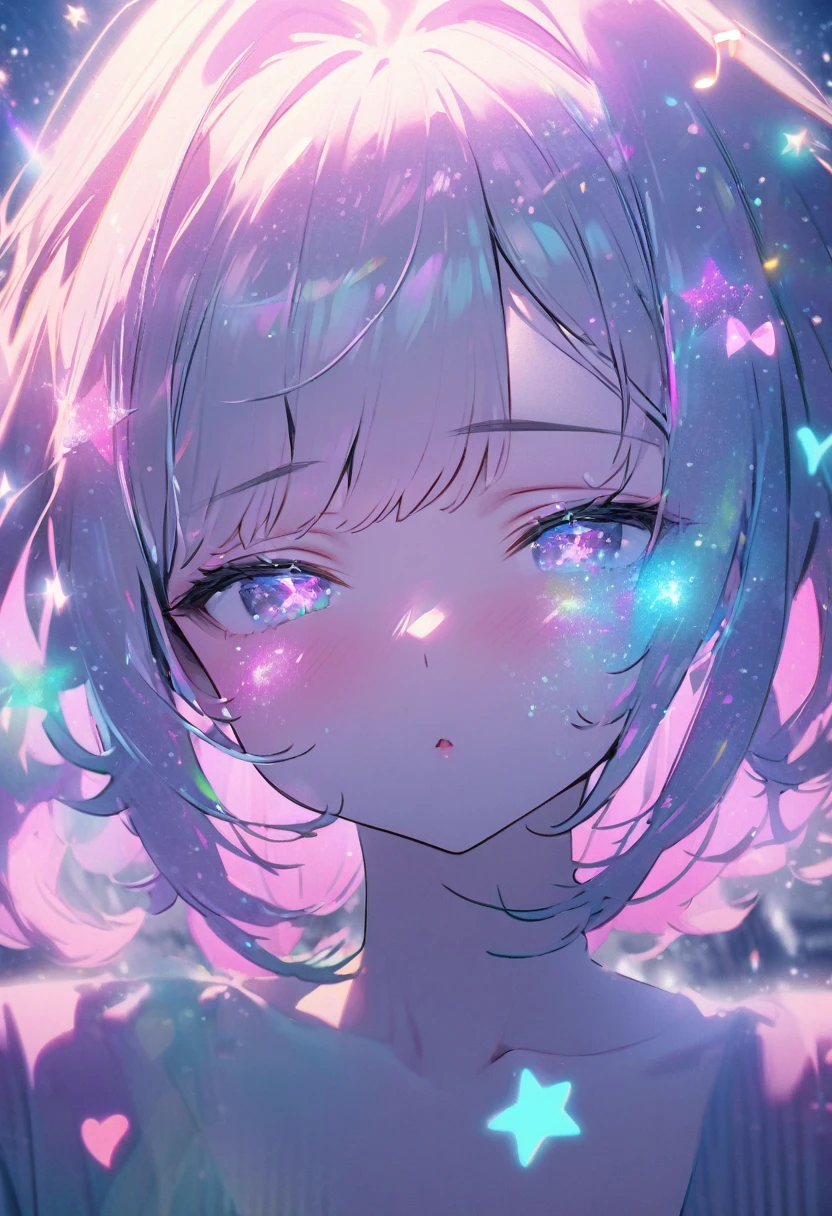 Cute Girl, face focus, kissing face, make-up, attractive and seductive expression, pink hearts effects, star effects, sound note effects, glitter effects, pastel color effects, foggy filter effects, beautiful effects, 2.5D, delicate and dynamic, great Proportions