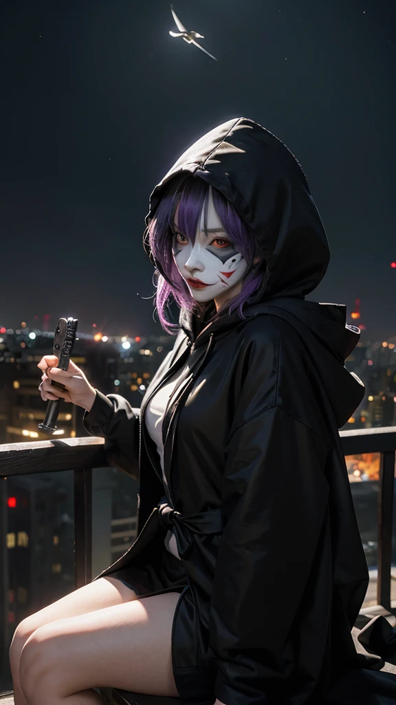 an anime female character wearing a HOODIE, and a cool joker mask, black robe, is sitting. above the city tower while holding a WEAPON, with realistic lighting effects, as well as effects, flying fireflies adding a realistic feel, with photo results, HDR, 8k, anime,