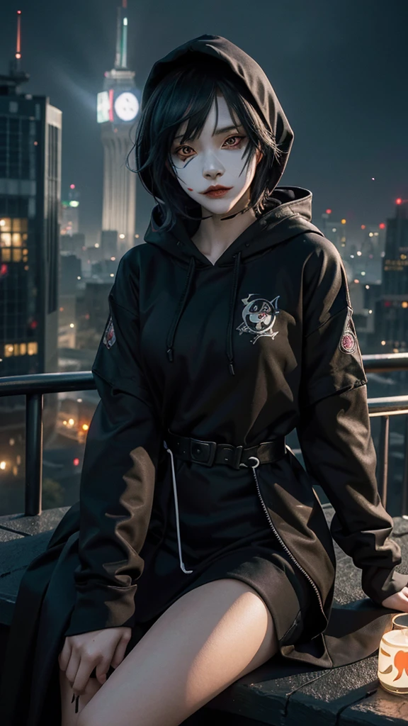 an anime female character wearing a HOODIE, and a cool joker mask, black robe, is sitting. above the city tower while holding a WEAPON, with realistic lighting effects, as well as effects, flying fireflies adding a realistic feel, with photo results, HDR, 8k, anime,