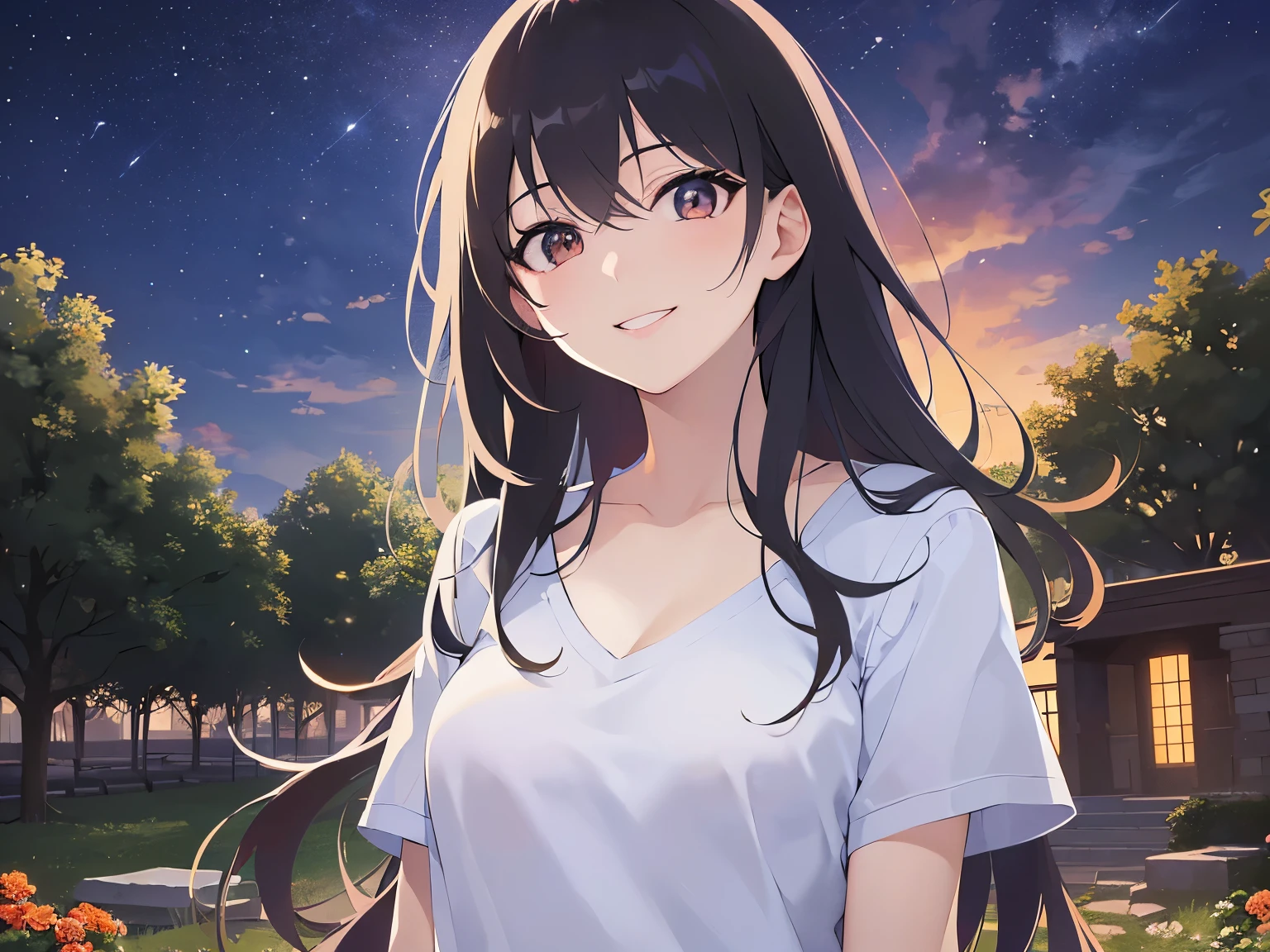 (looking at viewer:1.5),upper body,head tilt, Realistic, real person, (pale skin: 1.2), RAW photo, photorealistic, shiny skin, shiny hair、 (A 25-year-old woman with medium-length hair and bangs) and (wavy hair) and (brown hair) and (orange eyes)、(white) and (T-shirt:1.5) and (V neck) 、Cleavage、 (smile:1.5),Midnight in the Park、Night Sky
