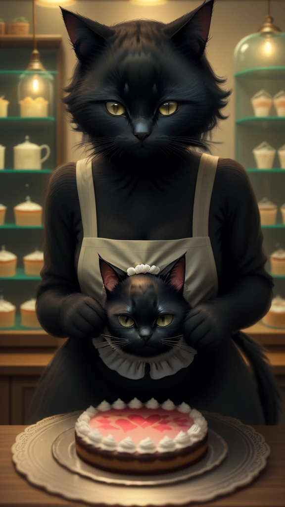 "In this scene, our black cat starts its first day as a part-time worker at a charming cake shop. The cat wears a small apron and hat, looking nervous but determined. The interior of the cake shop is cozy and inviting, with cakes and pastries displayed beautifully in glass cases. The cat's expression shows a mix of apprehension and excitement, marking the beginning of its journey."