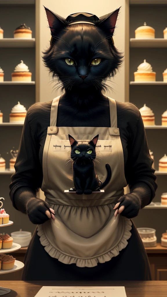 "In this scene, our black cat starts its first day as a part-time worker at a charming cake shop. The cat wears a small apron and hat, looking nervous but determined. The interior of the cake shop is cozy and inviting, with cakes and pastries displayed beautifully in glass cases. The cat's expression shows a mix of apprehension and excitement, marking the beginning of its journey."