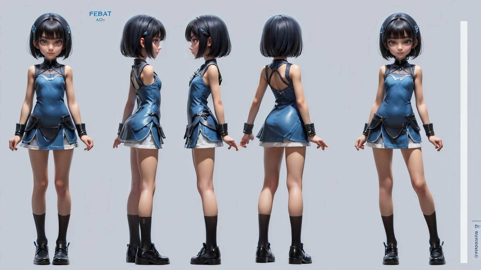 cute girl in a short gaming dress , short hairs, , blue dress, smiling face, short dress full straight standing pose, 14yo student, Character Sheet, Full body, modern girl, games girl, Simple white background, character reference sheet, Concept art, design sheet, HD, full body, tanding,