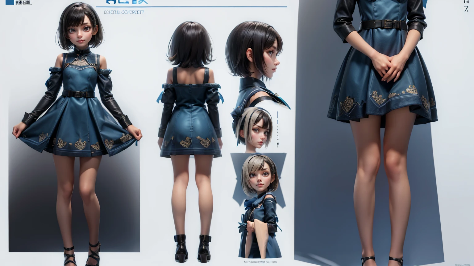 cute girl in a short gaming dress , short hairs, , blue dress, smiling face, short dress full straight standing pose, 14yo student, Character Sheet, Full body, modern girl, games girl, Simple white background, character reference sheet, Concept art, design sheet, HD, full body, tanding, 