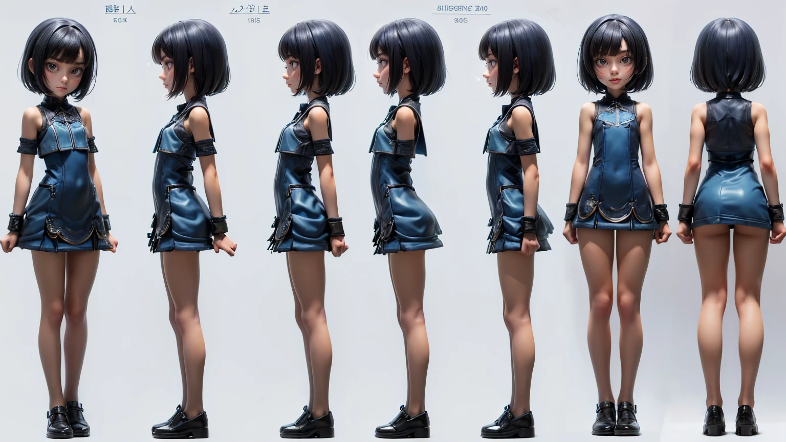 cute girl in a short gaming dress , short hairs, , blue dress, smiling face, short dress full straight standing pose, student, Character Sheet, Full body, modern girl, games girl, Simple white background, character reference sheet, Concept art, design sheet, HD, full body, tanding,