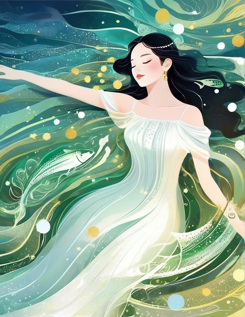 A girl wearing a white dress is lying calmly in the blue seawater with her eyes closed. The water shimmers with sparkling light, and the waves are emerald green. Her skin is so white that it sparkles. Illustrative art, Ophelia, 1851 theme, Instagram style, young and beautiful Chinese female model, Kawachi skating rink style, ventilation, Mercury, natural light，in style of data visualization design, beautiful detailed