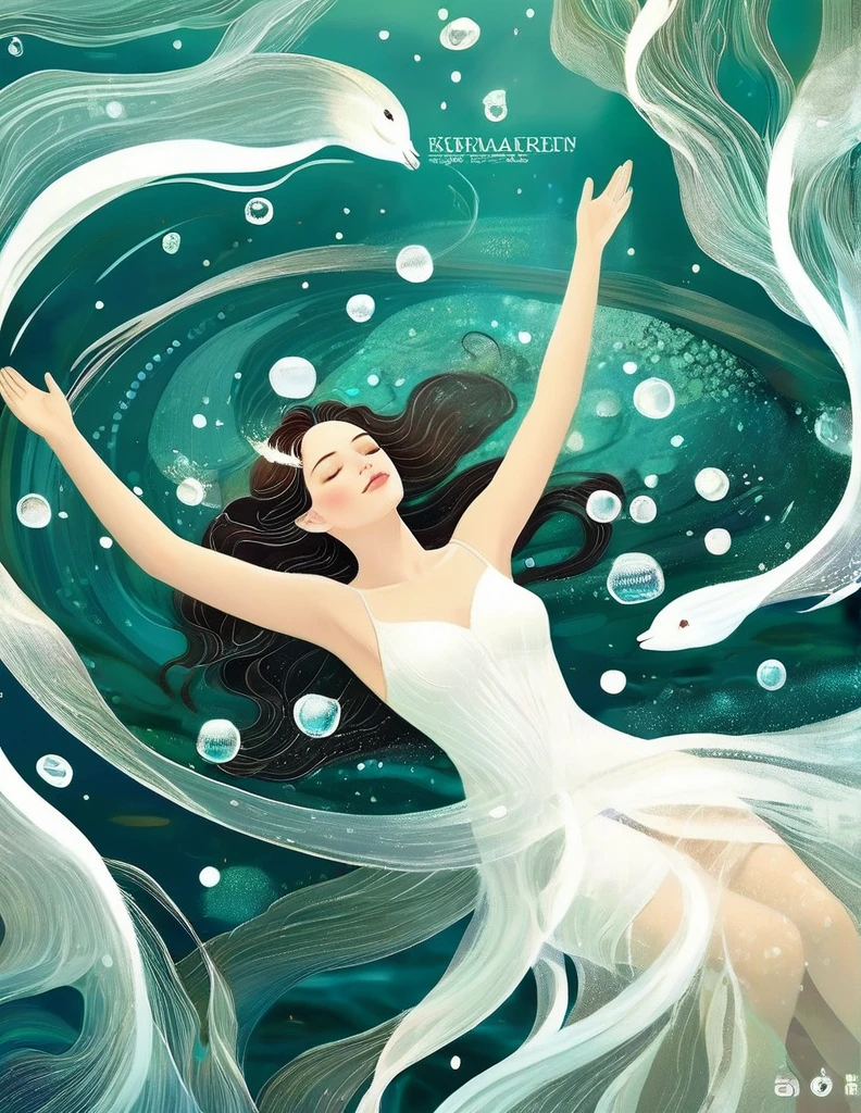 A girl wearing a white dress is lying calmly in the blue seawater with her eyes closed. The water shimmers with sparkling light, and the waves are emerald green. Her skin is so white that it sparkles. Illustrative art, Ophelia, 1851 theme, Instagram style, young and beautiful Chinese female model, Kawachi skating rink style, ventilation, Mercury, natural light,in style of data visualization design, beautiful detailed