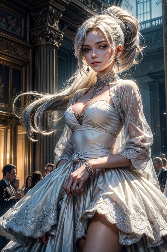(masterpiece, best quality:1.2), cowboy shot, weissvale, smile, closed mouth, looking at viewer, long white hair, side ponytail, scar above eye, scar below eye, white wedding dress, jewelry, necklace, earrings, future_urban, outdoors, standing outside ornate palace, elegant crowd arriving for gala, futuristic cars, (volumetric lighting), intricate details, tonemapping, sharp focus, hyper detailed