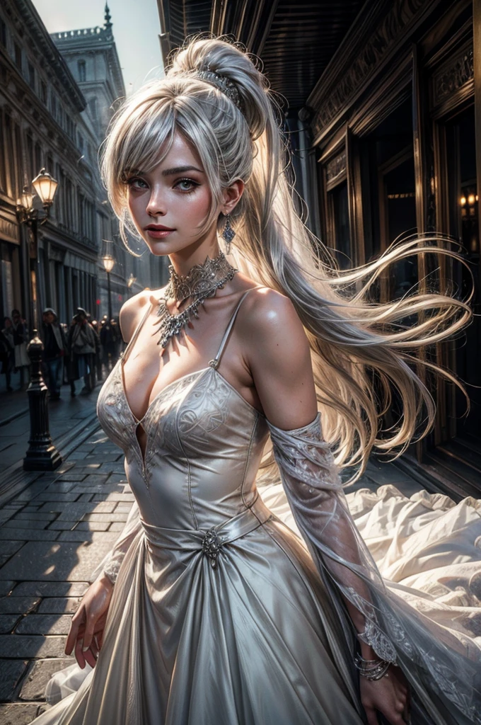 (masterpiece, best quality:1.2), cowboy shot, weissvale, smile, closed mouth, looking at viewer, long white hair, side ponytail, scar above eye, scar below eye, white wedding dress, jewelry, necklace, earrings, future_urban, outdoors, standing outside ornate palace, elegant crowd arriving for gala, futuristic cars, (volumetric lighting), intricate details, tonemapping, sharp focus, hyper detailed