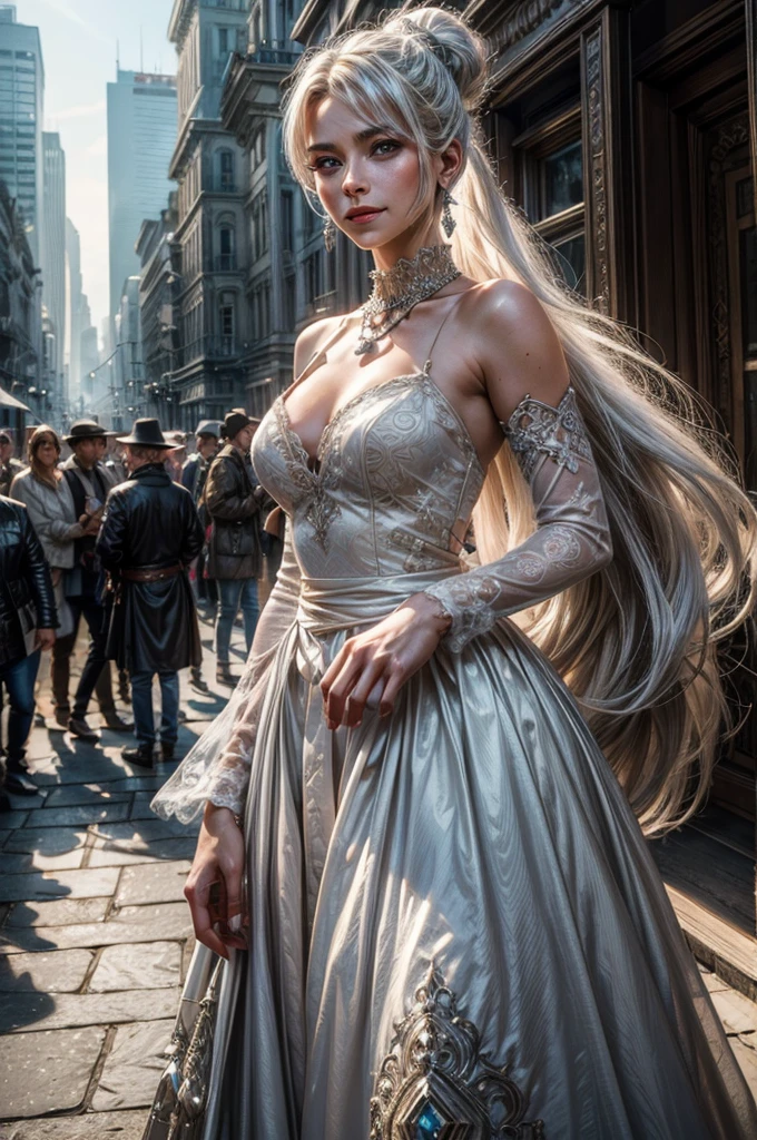 (masterpiece, best quality:1.2), cowboy shot, weissvale, smile, closed mouth, looking at viewer, long white hair, side ponytail, scar above eye, scar below eye, white wedding dress, jewelry, necklace, earrings, future_urban, outdoors, standing outside ornate palace, elegant crowd arriving for gala, futuristic cars, (volumetric lighting), intricate details, tonemapping, sharp focus, hyper detailed