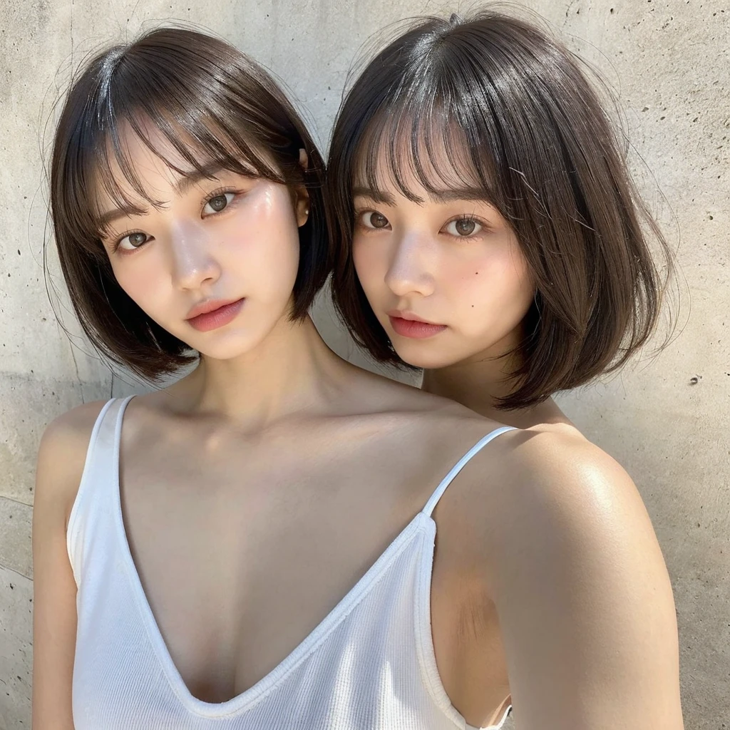 (top-quality、16K resolution)1 girl、独奏、natural soft light、、A Japanese Lady、not Looking at the camera、white camisole、Concrete background、Facing the front、is standing、bobhair、30year old、Light bangs、short-hair、Salon model、Natural look、bobcut、bob hair、short hair,Moles in the eyes