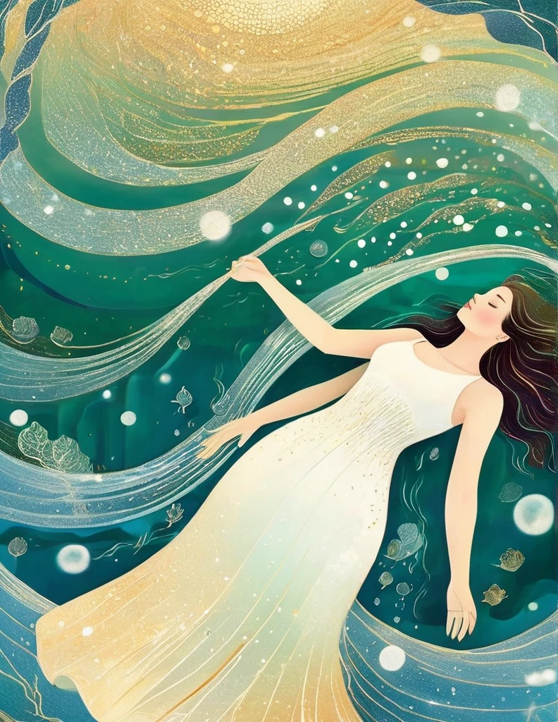 A girl wearing a white dress is lying calmly in the blue seawater with her eyes closed. The water shimmers with sparkling light, and the waves are emerald green. Her skin is so white that it sparkles. Illustrative art, Ophelia, 1851 theme, Instagram style, young and beautiful Chinese female model, Kawachi skating rink style, ventilation, Mercury, natural light,in style of data visualization design, beautiful detailed
