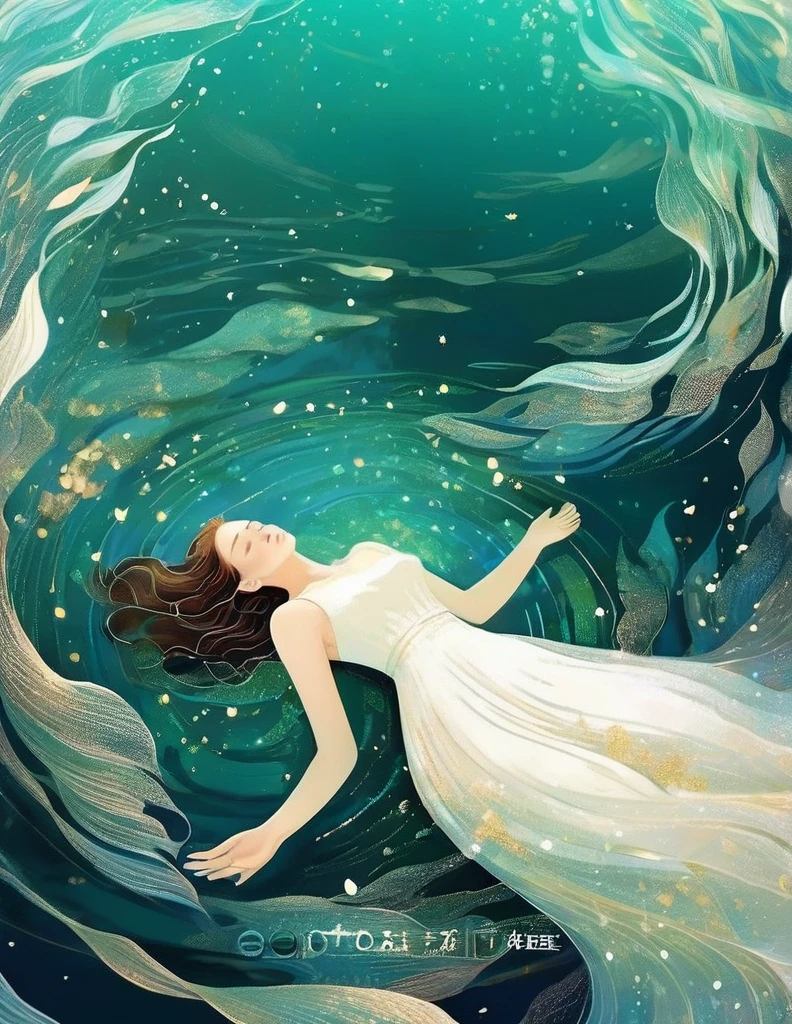 A girl wearing a white dress is lying calmly in the blue seawater with her eyes closed. The water shimmers with sparkling light, and the waves are emerald green. Her skin is so white that it sparkles. Illustrative art, Ophelia, 1851 theme, Instagram style, young and beautiful Chinese female model, Kawachi skating rink style, ventilation, Mercury, natural light,in style of data visualization design, beautiful detailed
