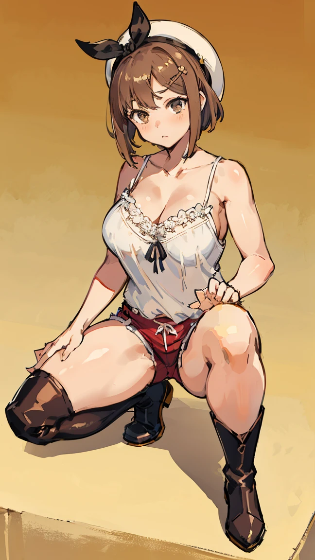 (Highest quality, 8k, masterpiece :1.3),Lizaリン・シュタウト(Lizaのアトリエ),Liza, One woman,Large Breasts,short hair,Brown Hair,hair band,Clothing,hat,White shirt,White camisole,Red shorts,Brown long boots,nsfw,Plump body,Thighs,Full Nelson Pose,Armlock,Piledriver