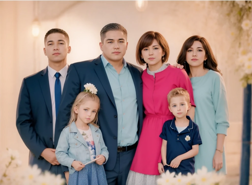  stands with flowers , next to him is a brother in a blue jacket , family stands behind them 