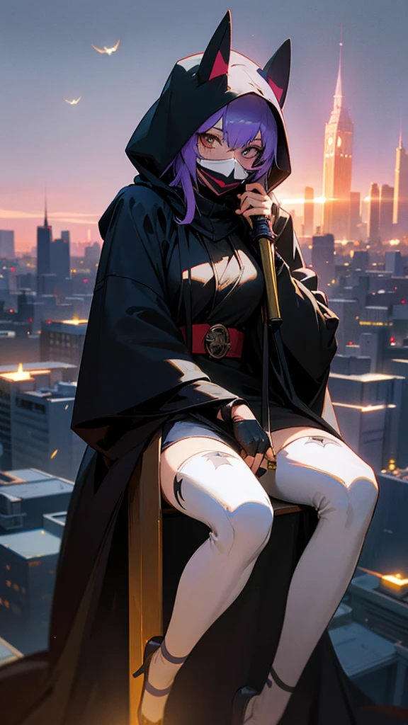 an anime female character wearing a HOODIE, and a cool joker mask, black robe, is sitting. above the city tower while holding a WEAPON, with realistic lighting effects, as well as effects, flying fireflies adding a realistic feel, with photo results, HDR, 8k, anime,