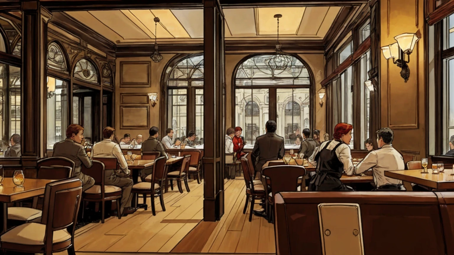 a restaurant, a restaurant в москве, public place, indoors, big windows, luxury, дорогой a restaurant, people have lunch, workers greet guests, Marvel Comics Style, comics
