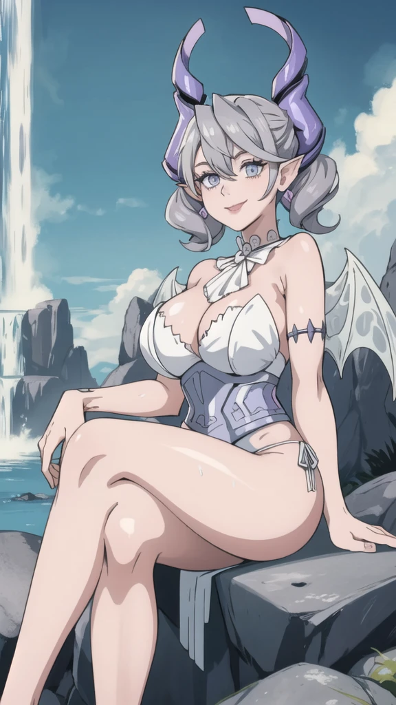 Waterfalls High level image quality best image quality 8K adult woman garden rocks outside more colors whole body view portrait wearing bikini white horn ears short hair((shortcut)(gray hair)(perm)(fluffy)) eye color is blue , , attractive evil face , smile , sexy pose , labrynth , barearm , wearing pink , big wings , sitting , crossed legs