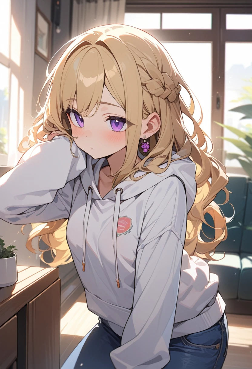 masterpiece, best quality, extremely detailed, ultra detailed, flat anime, 2D,
1girl, (young adult:1.2),blonde hair, (semi-long hair:1.2), curly hair, french braid, medium breasts, purple eyes, tsurime, height 1.7meters,
white hooded sweatshirt, jeans, earring,bracelet, long sleeves,socks,
Chin in hand.,jitome,very interesting,
upper body, portrait,
summer, livingroom, 12AM., standing