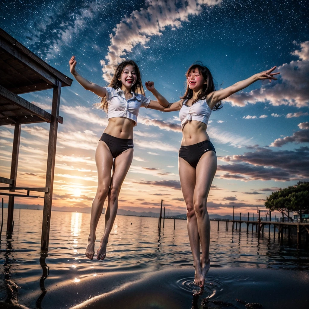 Masterpiece of ProfessionalPhoto ((ExtremelyDetailed (12 PICHIPICHI KAWAII Girls Floating in The Air in a row:1.37) in WHITE at Dusk Enoshima Beach)), {(Standing Full Body:1.2)|(from below:1.2)|Detailed KAWAII face}, Different types of hair colors, {(skinny(school swimwear))|(SchoolUniform)with Skinny AthleticShorts}, {(Corrected Childish hand)|Hidden hand|Different types of breasts|(Clearly Visible the shape of Butt)}, Joyful Expressions LifeLike Rendering, Detailed clothing texture, PerfectLighting, (Dazzling Horizon Visible through ThighGap), (Starry IridescentParticles:1.22) ColorfulClouds