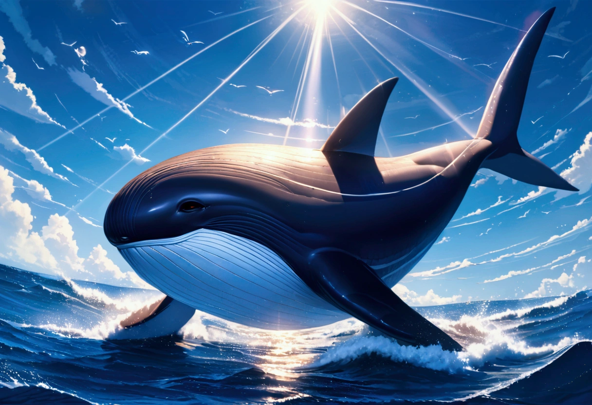 Picture a colossal Flying Whale soaring through a vivid azure sky, its massive body gliding effortlessly against the backdrop of fluffy white clouds. The Whale's body is a harmonious blend of gray and blue, reflecting the ocean it once called home. Its wings, an incredible adaptation, are vast and wing-like, covered in iridescent scales that shimmer in the sunlight, creating a mesmerizing spectacle.

Below it, a serene sea stretched out, with gentle waves rippling, as if in awe of the aerial whale. The water's surface was dotted with floating seaweed and colorful corals, casting a kaleidos