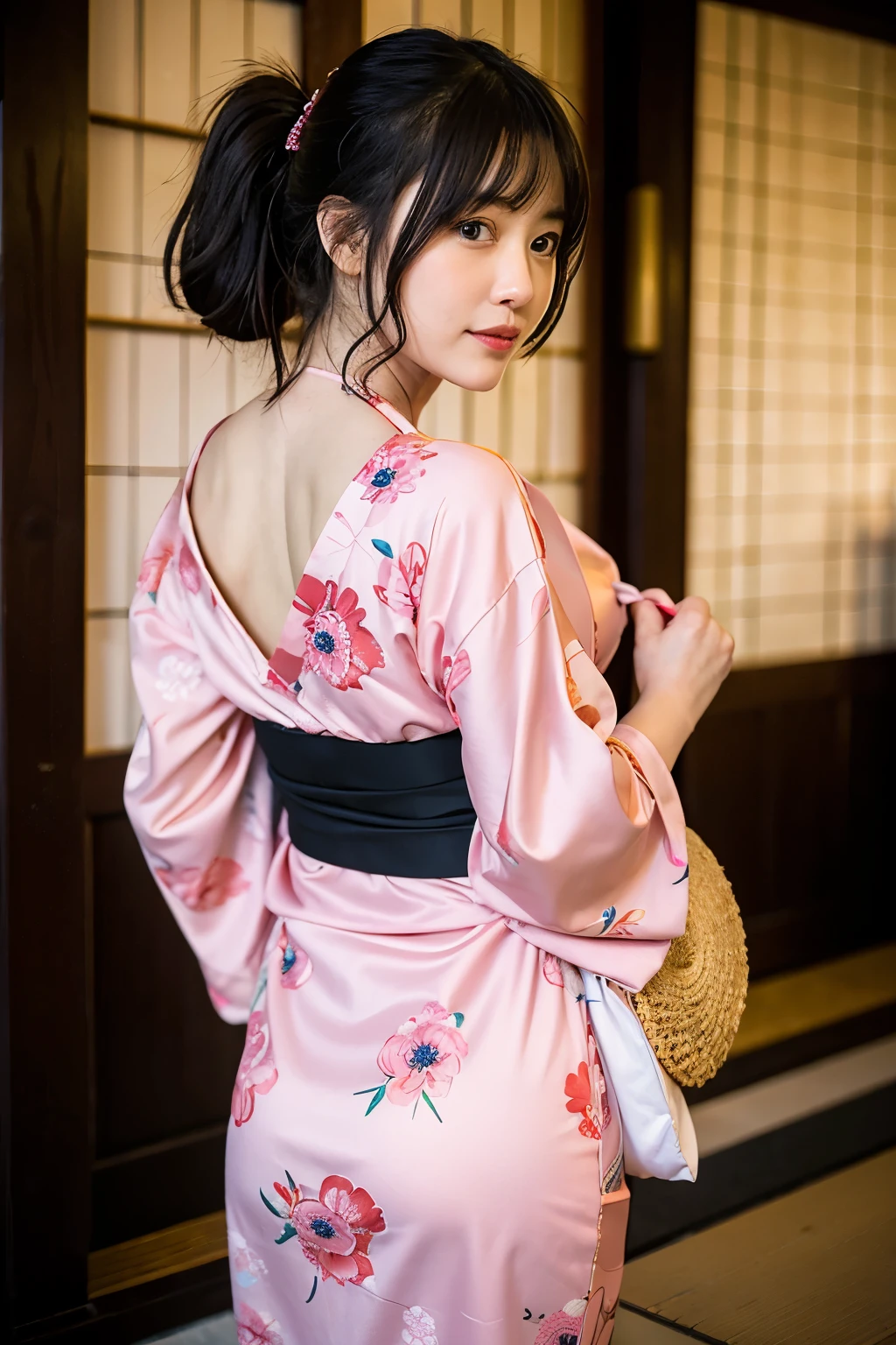 ((Highest quality)), ((masterpiece)), (detailed), One girl, y、Traditional Yukata、Japanese、Pink outfit、Luxurious obi、Black Hair、back
