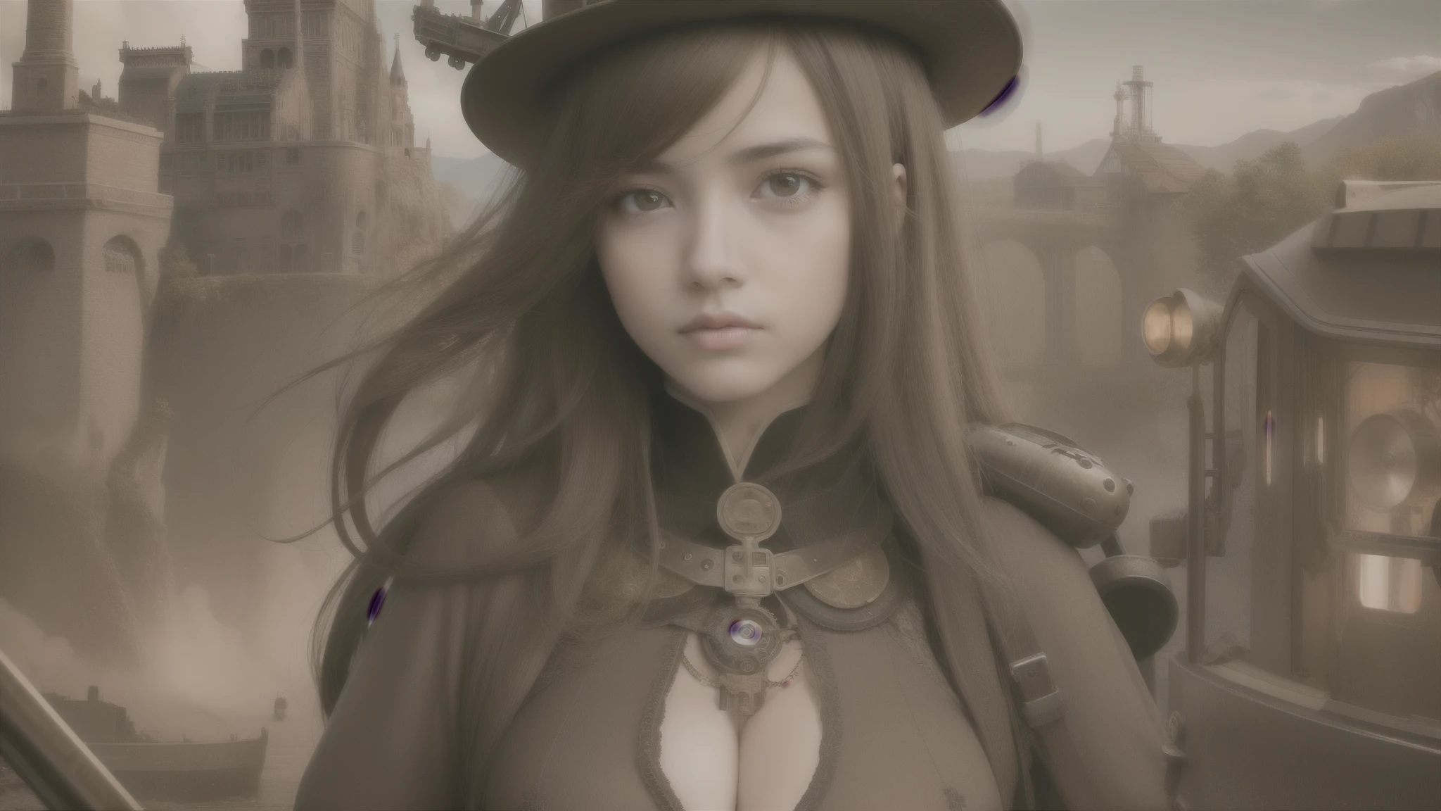 Highest quality, masterpiece, (Realistic:1.2), 1 Girl, Brown Hair, Brown eyes,front, Detailed face, Beautiful Eyes、Locomotive、Steampunk landscape、Steampunk attire